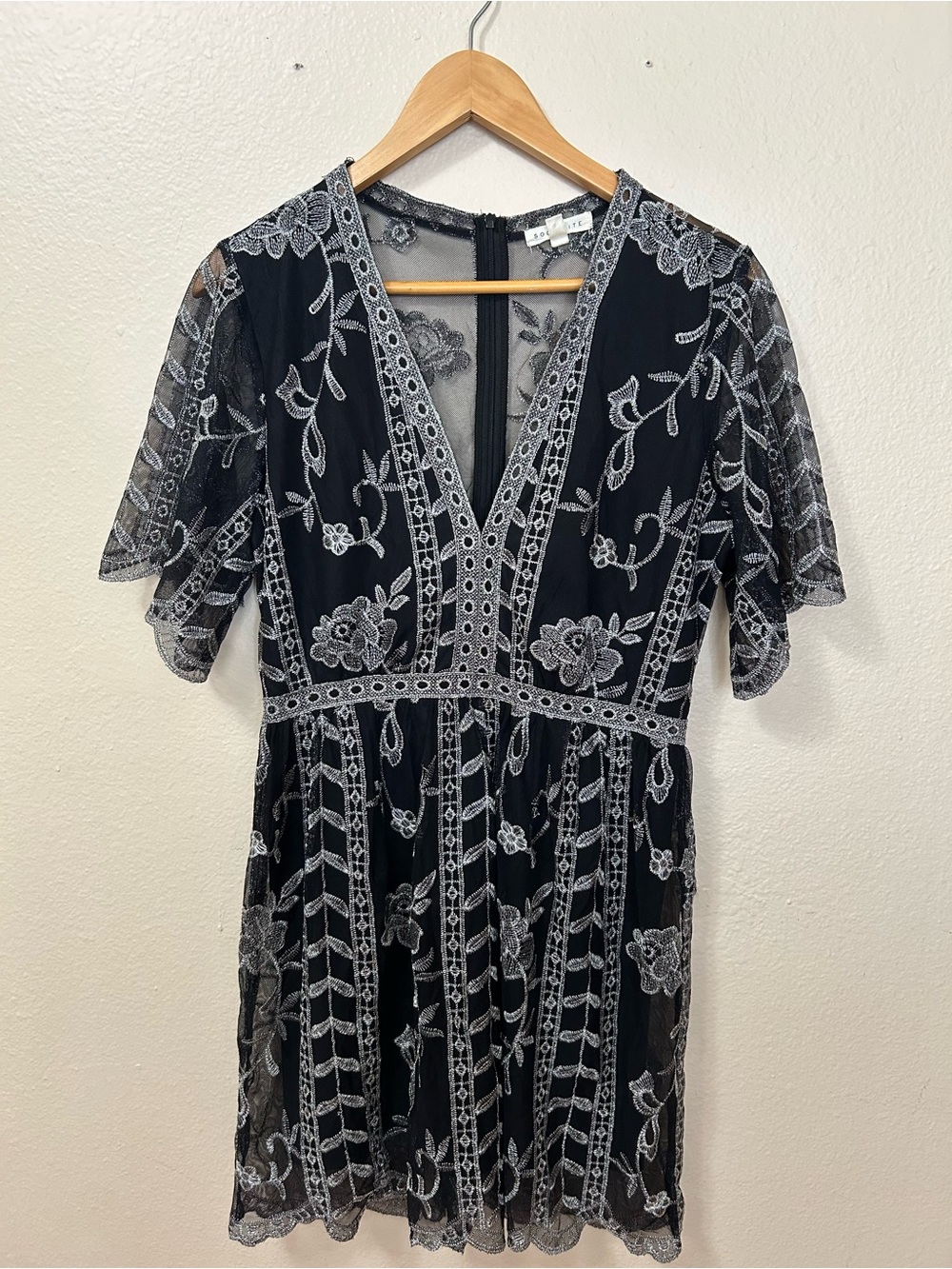 Socialite Black Dress with Silver Floral Embroidery